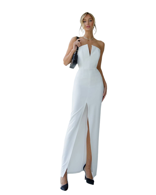 Elegant White Midi Dress with Corset and Front Slit