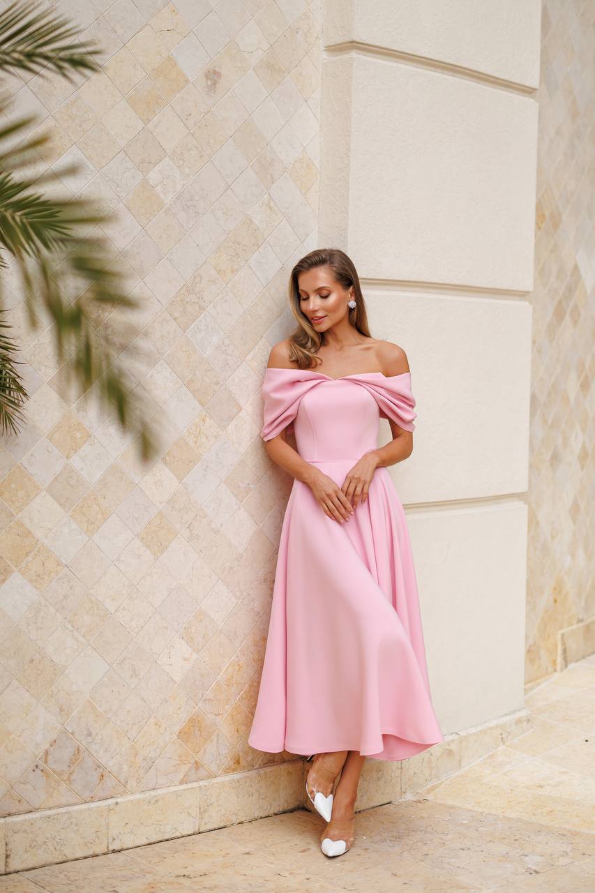 Elegant Off Shoulder Pink Midi Dress for Women