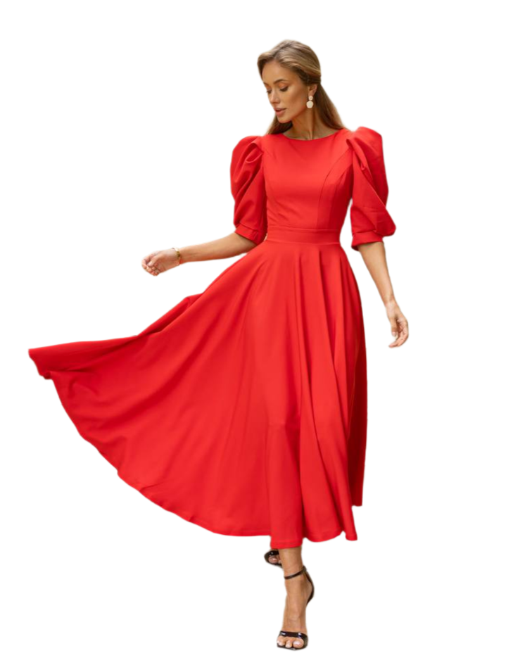 Diagonal Crepe Puff Sleeve Women Dress Red Sky Pink Black Milk