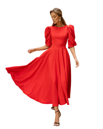 Diagonal Crepe Puff Sleeve Women Dress Red Sky Pink Black Milk