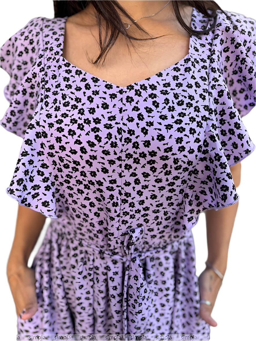 Purple Floral Print Midi Dress with Fabric Belt and Pockets