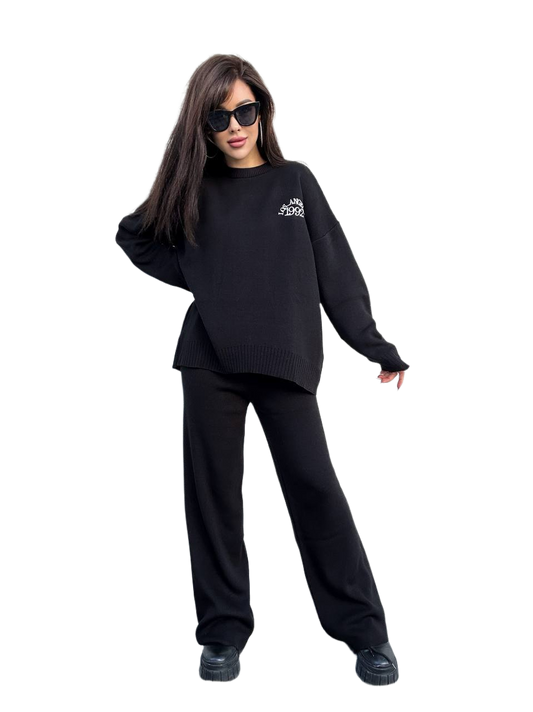 Los Angeles Knitted Suit for Women Black Loose Fit Sweater and Pants