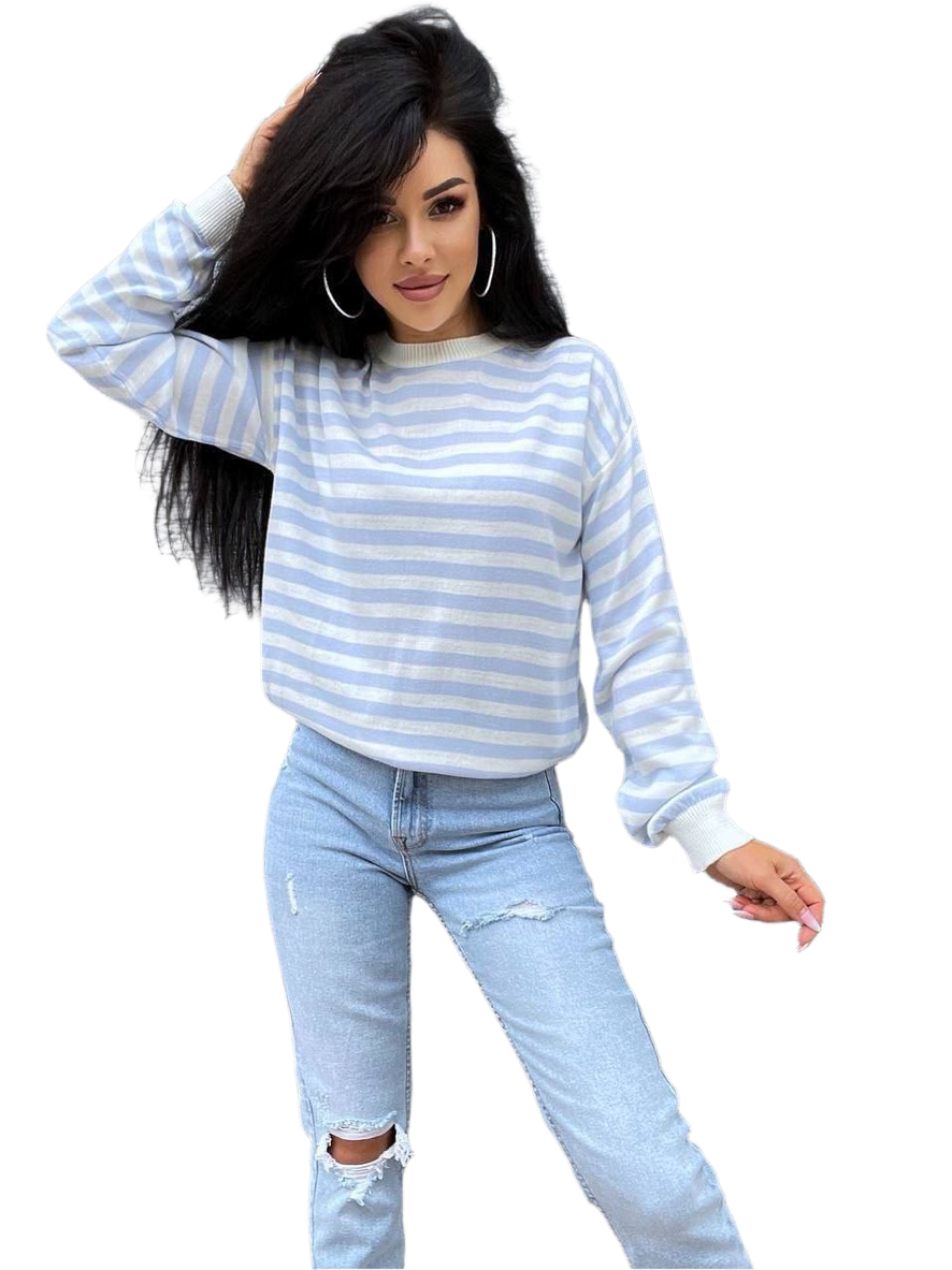 Woman wearing a blue and white striped sweater and light blue jeans on a white background