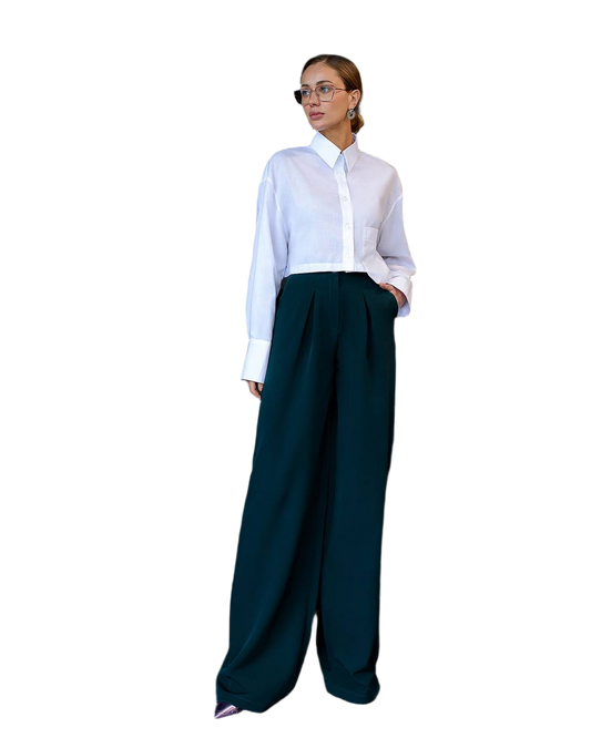 Person wearing a white shirt and dark green pants on a white background