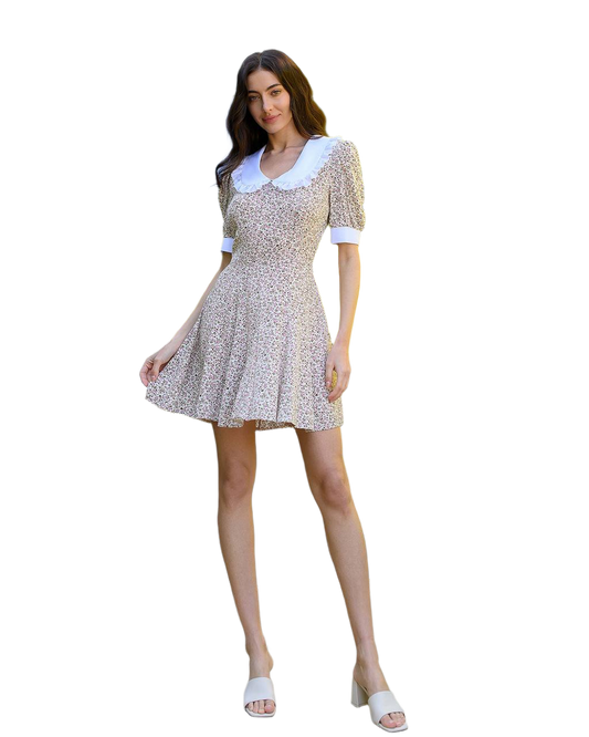 Floral Print Dress with Ruffle Collar and Puff Sleeves for Women