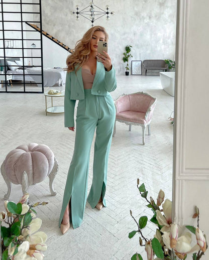 Womens Cropped Jacket Suit With High Waist Slit Trousers