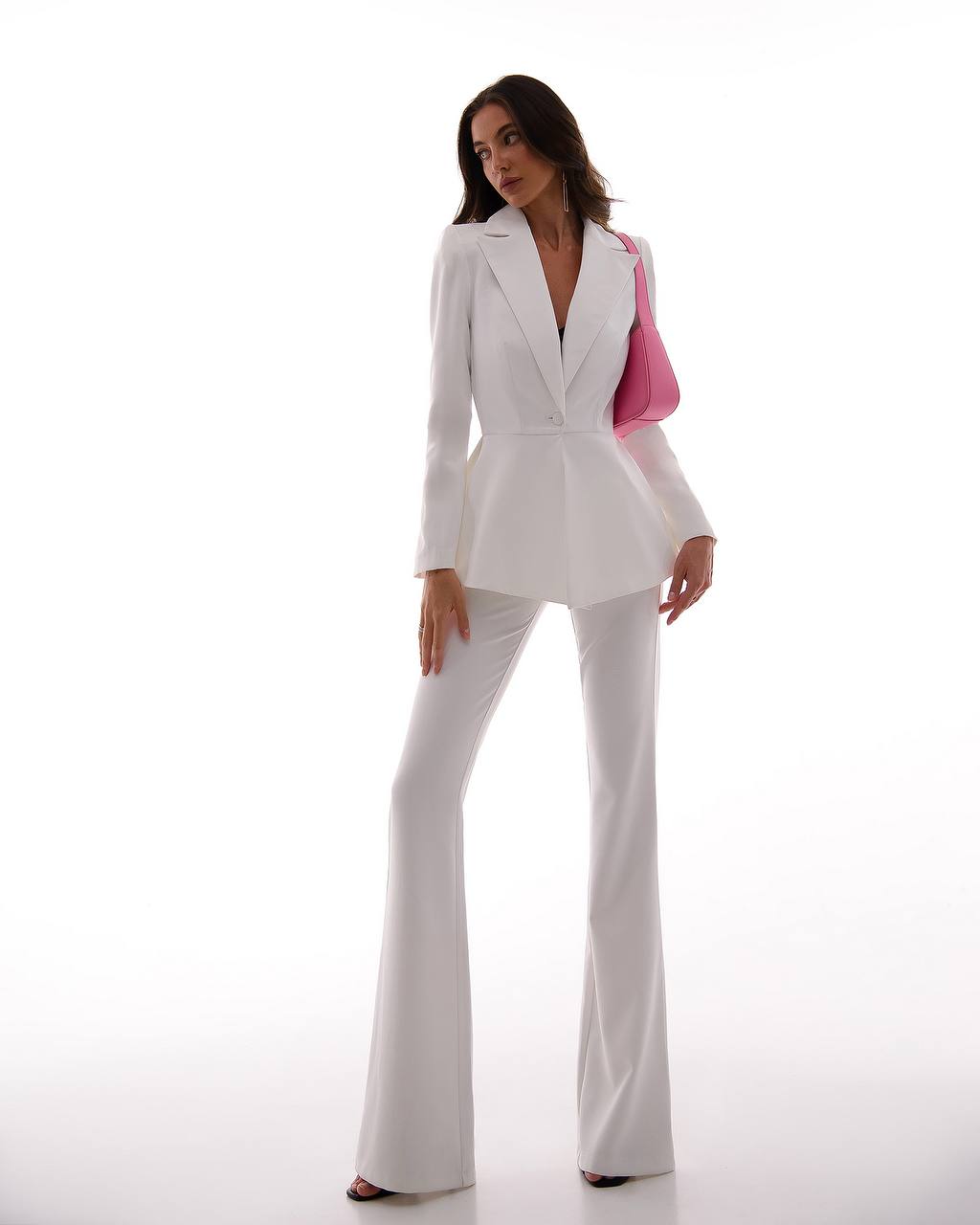 Elegant Premium Diagonal Crepe Women's Suit in White with Peplum Jacket and Flared Pants
