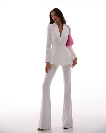 Elegant Premium Diagonal Crepe Women's Suit in White with Peplum Jacket and Flared Pants