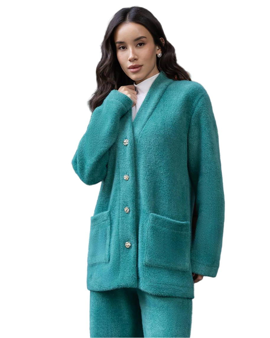 Green Silva Fluffy Cardigan and Pants Suit Womens Cozy Knit Set