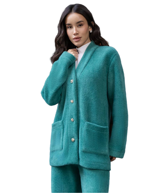 Green Silva Fluffy Cardigan and Pants Suit Womens Cozy Knit Set