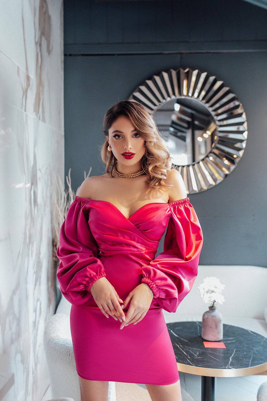 Elegant Raspberry Satin Mini Dress with Long Puff Sleeves