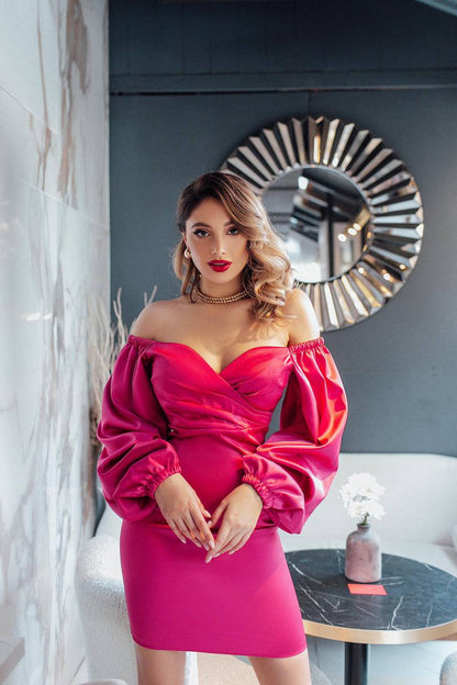 Elegant Raspberry Satin Mini Dress with Long Puff Sleeves