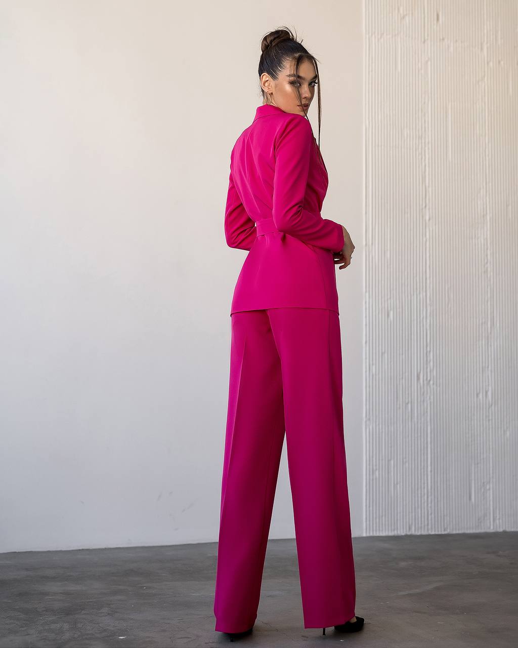 Womens Tailored Blazer and Wide Leg Trouser Suit in Diagonal Suiting Crepe