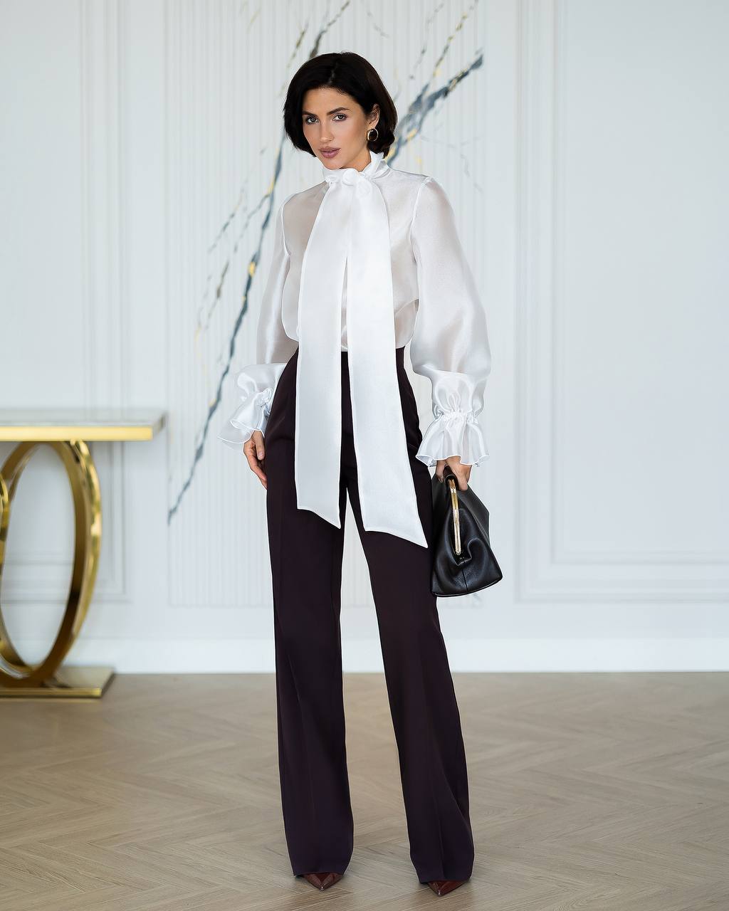 Womens Satin Finish Tie Neck Blouse with Voluminous Sleeves