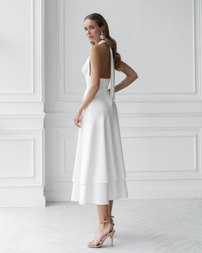 Elegant White Halter Neck Premium Crepe Dress for Women