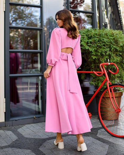 Elegant Midi Dress in Premium Diagonal Suiting Crepe with Puff Sleeves and Back Cutout