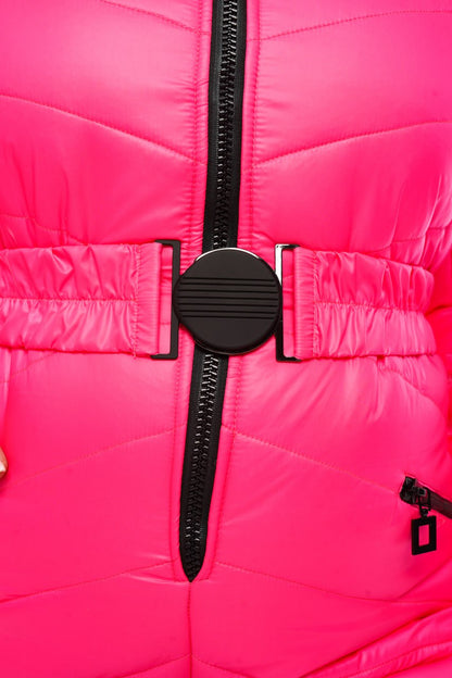 Close-up of a bright pink puffer jacket with a black zipper.