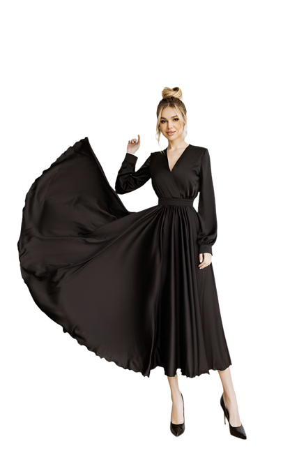 Woman wearing a black dress with a long train on a white background
