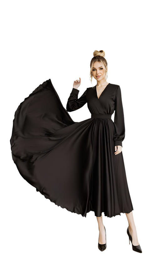 Woman wearing a black dress with a long train on a white background