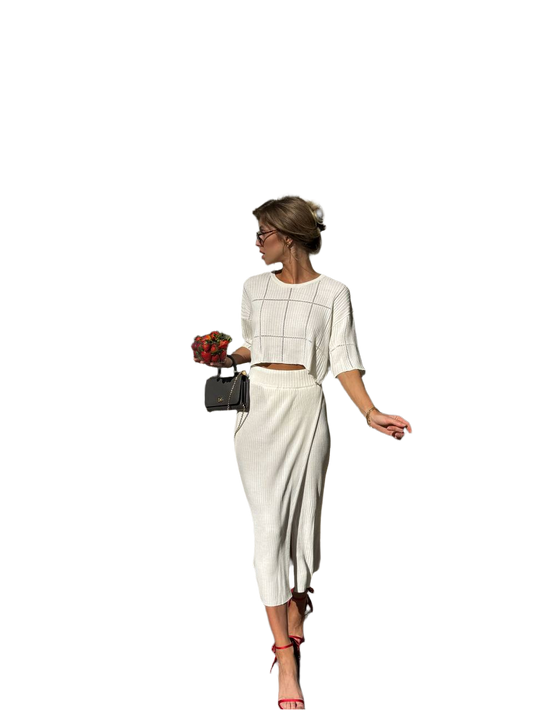 Elegant White Nika Suit for Women with Skirt and Crop Top