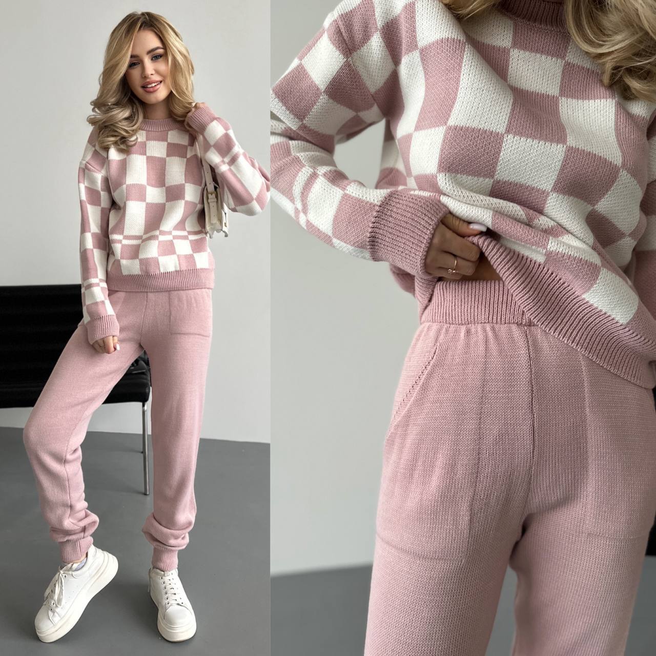 Woman wearing a pink and white checkered sweater and pants set with close-up details.