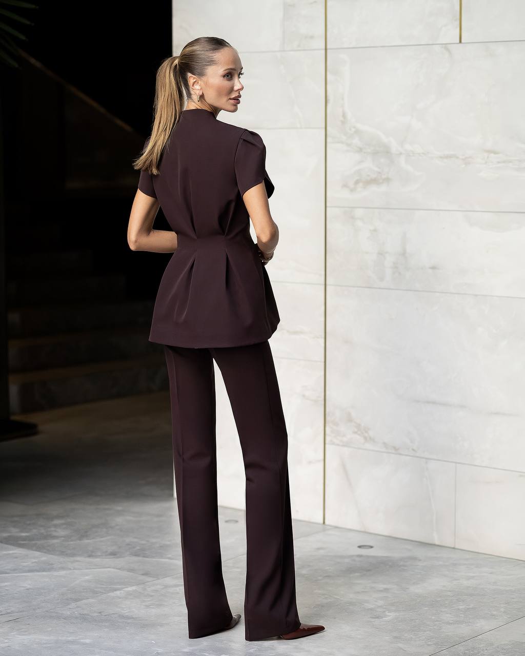 Womens Tailored Suit Set with Button Front Top and Wide Leg Trousers