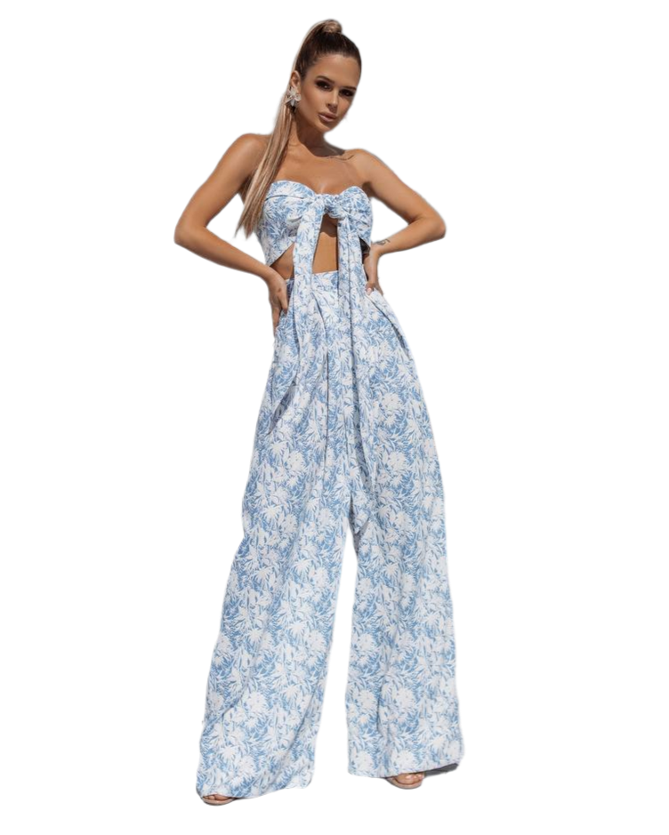 Womens Blue And White Floral Palazzo Pants Set With Multifunctional Tie Front Top