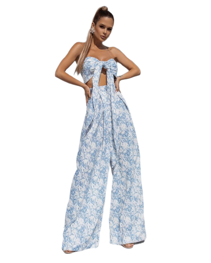 Womens Blue And White Floral Palazzo Pants Set With Multifunctional Tie Front Top