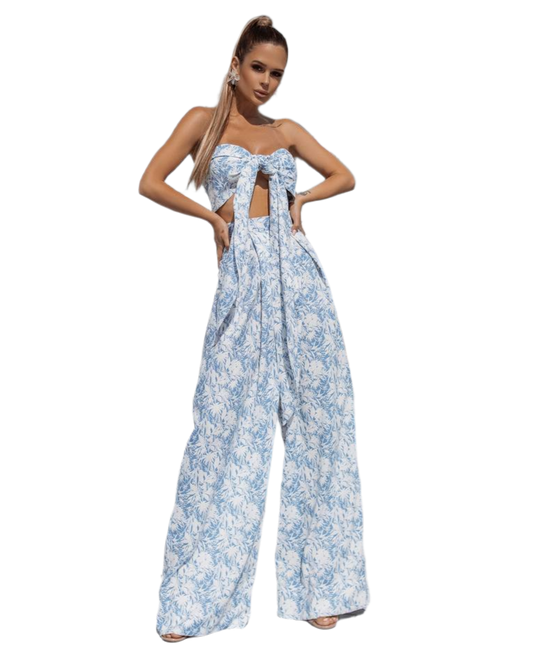 Womens Blue And White Floral Palazzo Pants Set With Multifunctional Tie Front Top