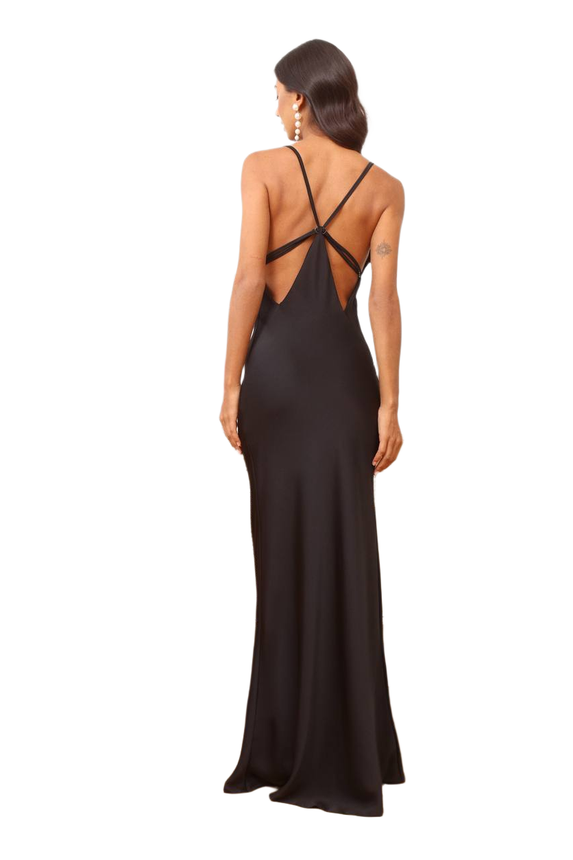 Black evening gown with open back on a white background