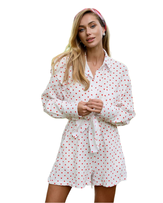 Womens Muslin Shirt And Shorts Set with Heart Print