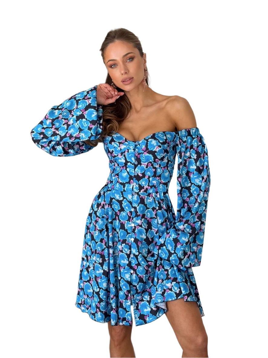 Silk Off-Shoulder Floral Dress with Elastic Back and Button Front