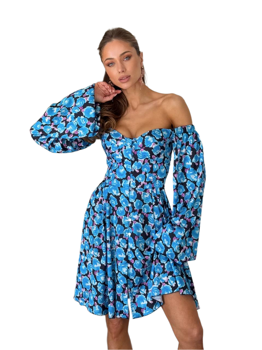 Silk Off-Shoulder Floral Dress with Elastic Back and Button Front