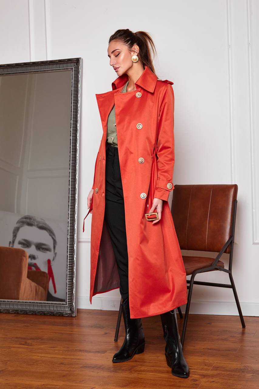 Stylish Red Trench Coat with Pockets and Belt for Women's Fashion