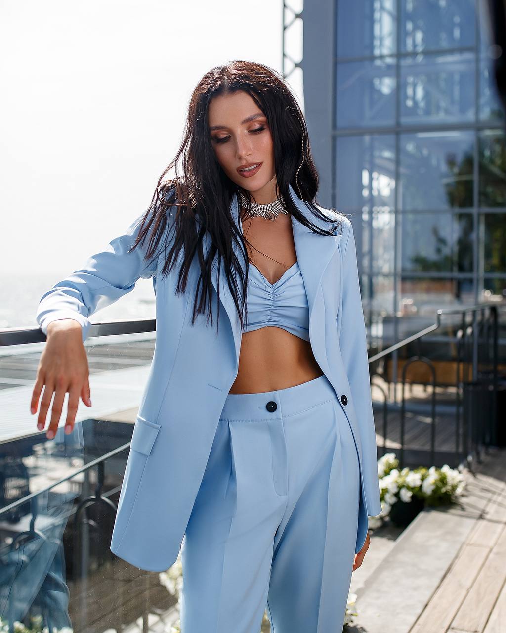 3 Pieces Women Prom Bridal Wedding Cocktail Suit Set Pantsuit Trousers Jacket Pants Top Bra Light Blue