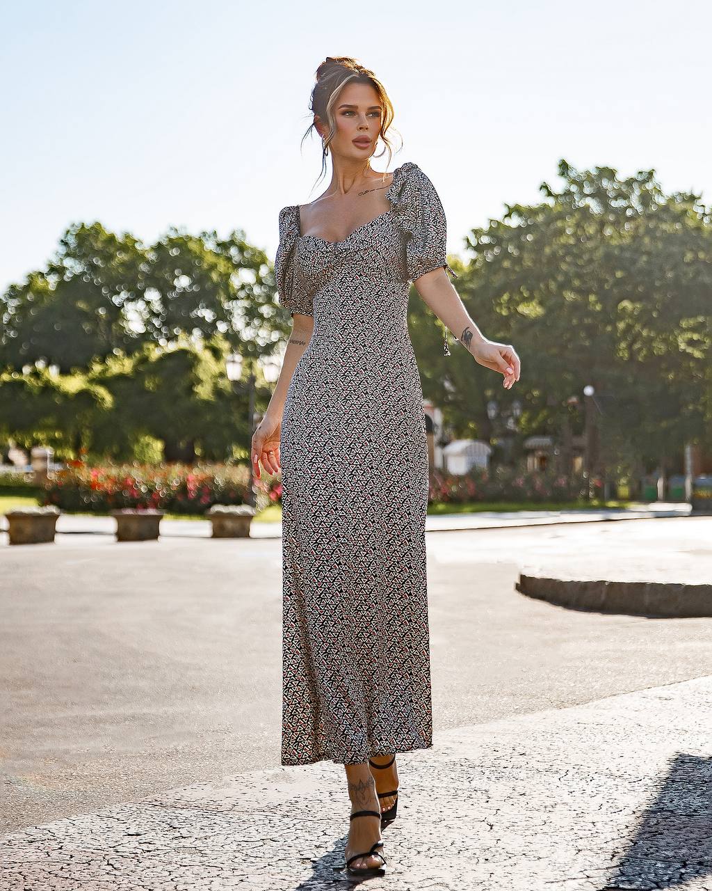 Printed Silk Puff Sleeve Midi Dress for Women