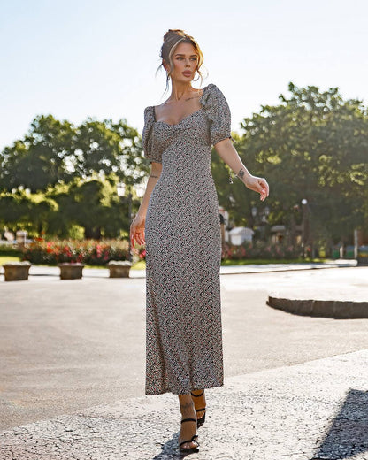 Printed Silk Puff Sleeve Midi Dress for Women