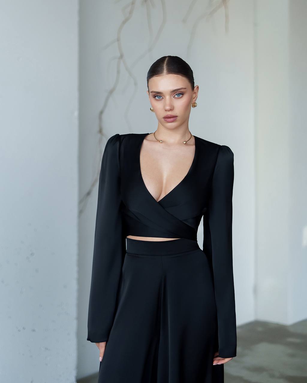 Elegant Women Suit Set with Wide Leg Satin Pants and Wrap Top