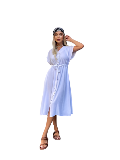 Lightweight White Midi Dress with Drawstring Waist