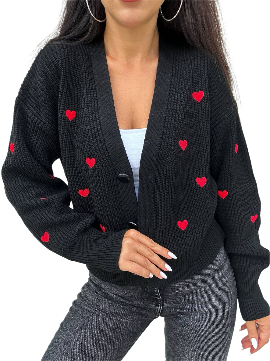 Womens Knitted Black Cardigan with Red Heart Embroidery