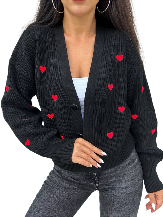 Womens Knitted Black Cardigan with Red Heart Embroidery