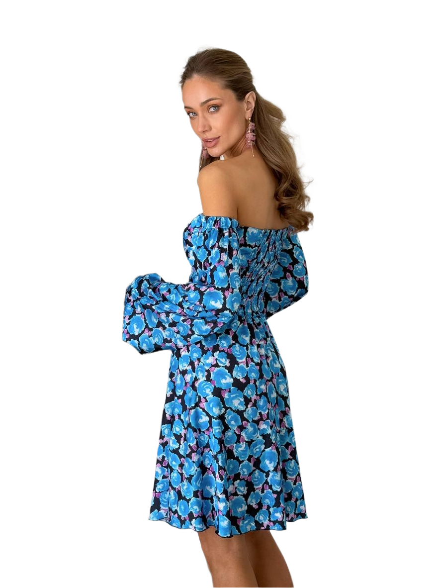 Woman wearing a blue floral off-shoulder dress on a white background