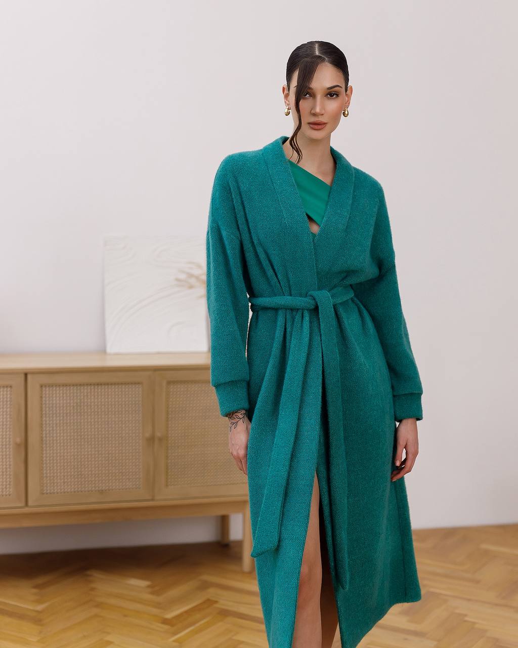 Womens Silva Fluffy Cardigan Long Sleeve Belted Coat Emerald Green