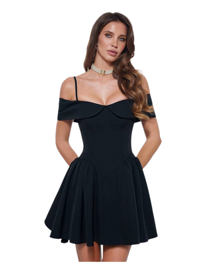 Elegant Off Shoulder Corset Dress in Premium Suit Crepe Diagonal Fabric