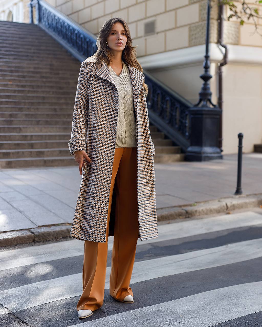 Womens Turkish Fabric Houndstooth Pattern Long Coat with Belt
