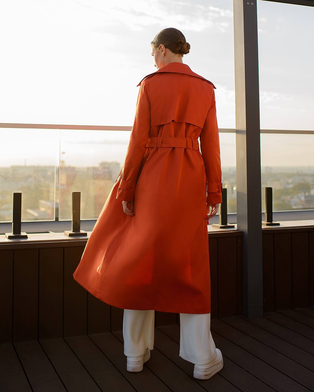 Stylish Red Trench Coat with Pockets and Belt for Women's Fashion