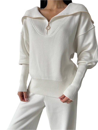 Lux Women White Knitted Sweater and Pants Suit
