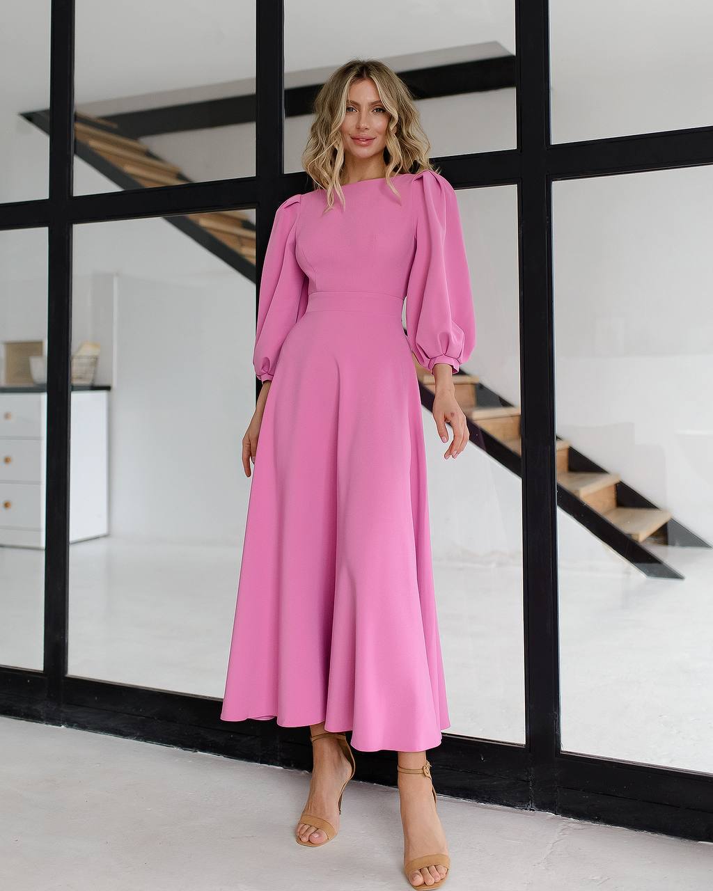 Elegant Midi Dress in Premium Diagonal Suiting Crepe with Puff Sleeves and Back Cutout