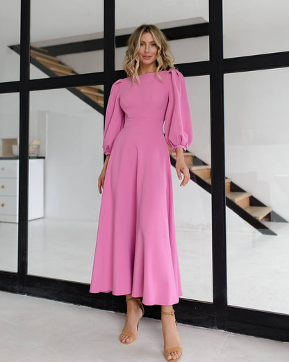 Elegant Midi Dress in Premium Diagonal Suiting Crepe with Puff Sleeves and Back Cutout
