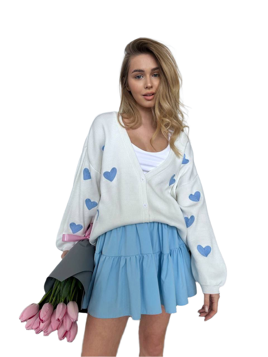 White Cardigan with Blue Heart Embroidery for Women